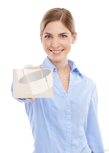 Image of Happy, mockup and business woman with a card with space for announcement or advertising. Signage, bulletin and portrait of a female model with blank board with copy space by white studio background.