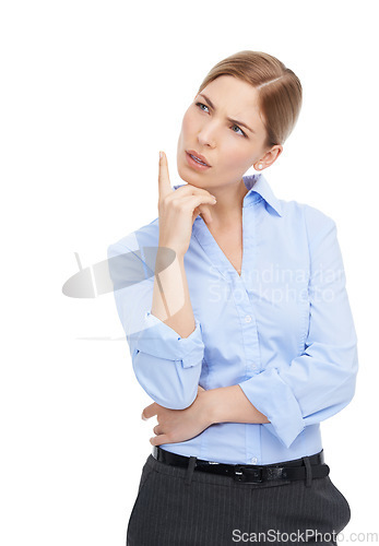 Image of Business woman, thinking and confused about question while isolated on a white background. Face of a female entrepreneur in studio to think about solution, idea or choice for mockup advertising