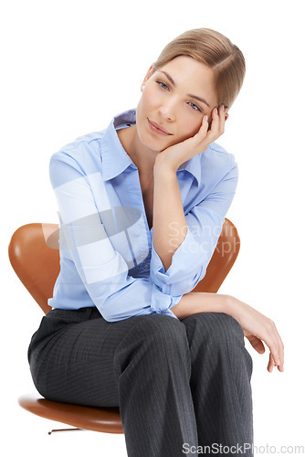 Image of Thinking business woman, sad or hand on isolated white background in mental health, anxiety or stress burnout. Corporate worker, worried or employee in company investment loss or financial tax crisis