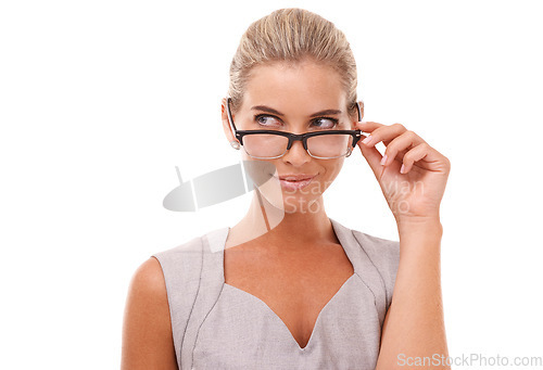 Image of Thinking business woman, face and glasses on isolated white background for cv review ideas or recruitment innovation. Happy, curious or corporate worker with vision eyewear for human resources goals