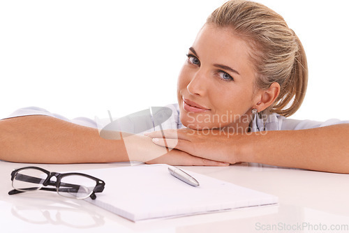 Image of Business woman, portrait or documents desk on isolated white background in cv review, recruitment or strategy planning. Happy, human resources or hr worker and paper ideas or mockup innovation vision