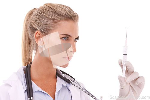 Image of Doctor, serious face and syringe thinking for healthcare wellness, vitamins or medical drugs in white background. Nurse, pharmaceutical medicine and injection for plastic surgery isolated in studio