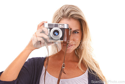 Image of Photographer, face portrait and woman with camera for vintage photo shooting, picture memory or lens photoshoot. Retro digital photography, paparazzi girl and studio model smile on white background