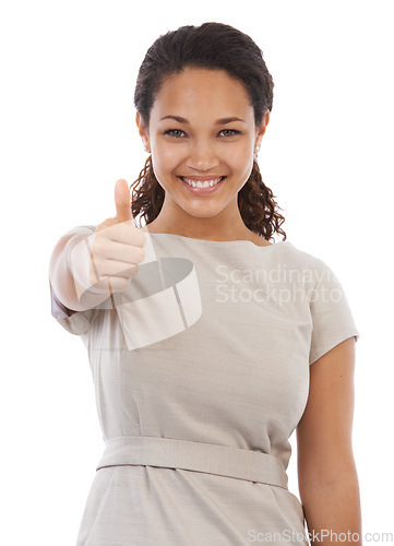 Image of Thumbs up, satisfaction and studio portrait of black woman with emoji gesture for congratulations, job well done or winner. Agreement, finished and happy girl with yes hand sign on white background