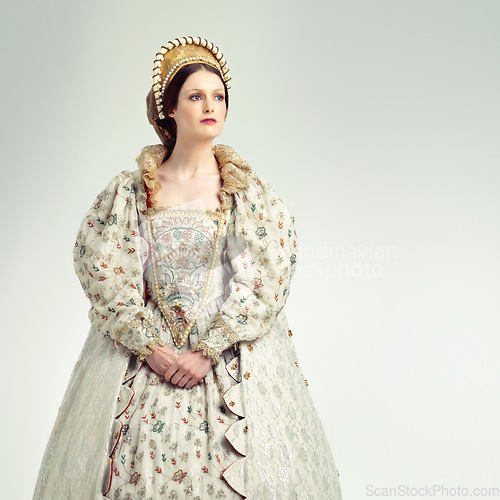 Image of Queen, medieval with renaissance, history and woman with theatre, Shakespeare and drama isolated on white background. Victorian royalty in vintage dress, monarch and cosplay with female rule mockup