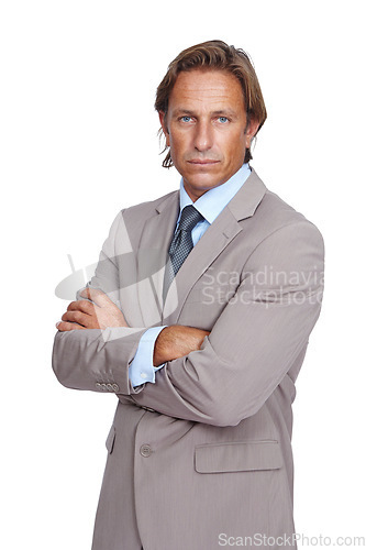 Image of Mature businessman, portrait or arms crossed on isolated white background with finance goals or investment growth. Ceo, manager and financial leadership worker with success mindset on about us mockup
