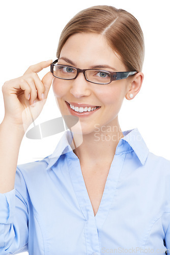 Image of Portrait, business and woman with glasses, vision and confident lady isolated on white studio background. Entrepreneur, female employee with eyewear, clear sight and happy with success