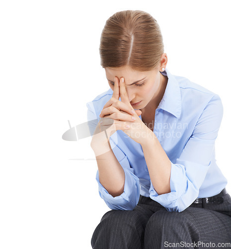 Image of Corporate worker, hands or stress headache on isolated white background in mental health or anxiety burnout. Thinking business woman, worried or employee in company investment or financial tax crisis