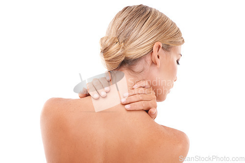 Image of Blond woman, back and hands in skincare, beauty and touching neck against a white studio background. Isolated young female with blond hair relaxing in self love or self care on white background