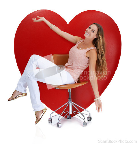 Image of Portrait, studio and woman on chair by big heart isolated on a white background. Beauty, love and happy female model sitting near symbol for romance, affection or romantic emoji, care or empathy.