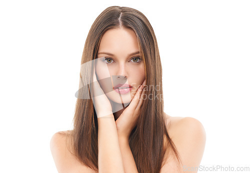 Image of Portrait, skincare and woman with cosmetics, dermatology or girl isolated on white studio background. Face detox, female or lady with makeup, aesthetic or luxury spa treatment with wellness or beauty