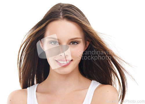 Image of Beauty, hair and portrait of woman in studio for wellness, cleaning and grooming on white background. Haircare, face and girl relax, content and enjoy hair treatment, shine and luxury keratin styling