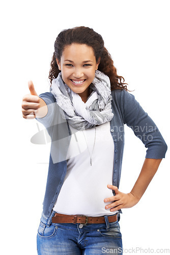 Image of Thumbs up, success and portrait of woman in studio on a white background. Ok hand gesture, like emoji and happy female model with thumbsup for motivation, support or approval, thank you or agreement.