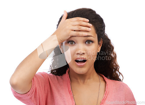 Image of Portrait of black woman with shock and hand on head in disbelief isolated on white background. Stress, surprise and shocked woman with worry and anxiety, confused while holding forehead in studio.