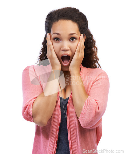 Image of Portrait, wow and surprise with a black woman in studio on a white background in surprised shock. Face, hands and wtf with an attractive young female feeling overwhelmed with a shocked expression