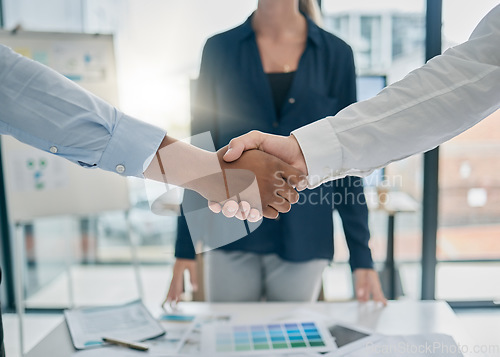 Image of Handshake, office and business people with corporate deal, agreement or partnership with success. Meeting, professional and businessmen shaking hands for welcome, greeting or company onboarding.