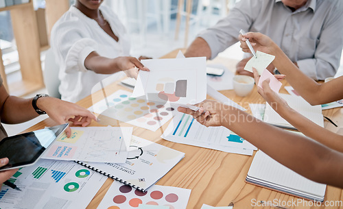 Image of Business people, hands and marketing documents in meeting in office. Teamwork, strategy and group of employees with paperwork, statistics and graphs for kpis, advertising and planning sales project.