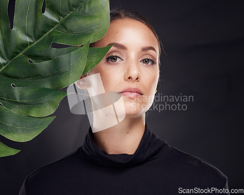 Image of Woman, skincare and studio portrait with leaf, beauty and natural glow for cosmetics, self care or fashion. Model, cosmetic beauty and monstera leaves with dark aesthetic, face and black background