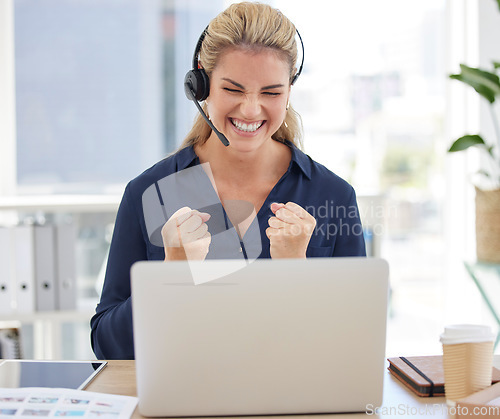 Image of Call center, laptop and winner woman with fist for success, yes and celebration of bonus, sales and profit in telemarketing. Wow, surprise and target, goals or online feedback of consultant promotion
