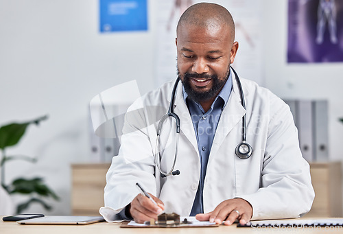 Image of Doctor, medical office and black man writing notes, form or life insurance paperwork for planning healthcare results. Mature expert, hospital report and documents of medicine, surgery or clinic admin