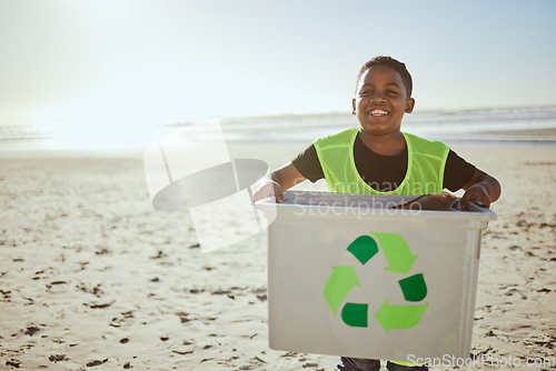 Image of Recycling, beach clean and child in portrait, environment and climate change with sustainability and volunteer mockup. Eco friendly activism, cleaning Earth and nature with kid outdoor to recycle