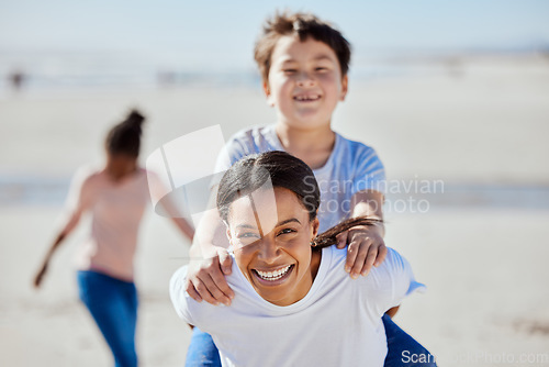 Image of Mom, child or beach piggyback in portrait for smile, interracial adoption family bonding or outdoor vacation in summer. Happy family, asian kid and black woman for game, ride or love on ocean holiday