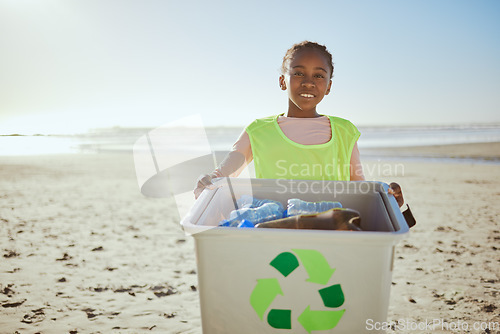 Image of Recycle bin, beach and girl kid, cleaning environment with climate change and sustainability volunteer mockup. Eco friendly activism, clean Earth and nature with child outdoor, recycling and bottle