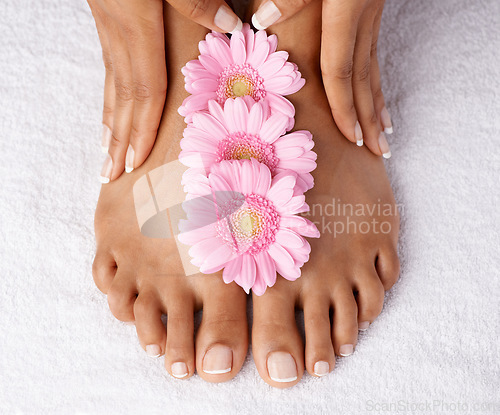 Image of Flowers, beauty and woman hands with feet, manicure and pedicure spa treatment zoom with nails and healthy skin. Natural cosmetics with organic skincare, nature and cosmetic care with wellness