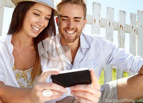 Image of Happy couple, bonding or cellphone selfie in travel location, holiday vacation or destination break. Smile, man or woman on mobile photography technology for social media, profile picture or vlogging