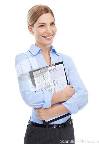 Image of Hr manager, portrait or paper clipboard on isolated white background in cv review, recruitment or job interview. Smile, happy worker or human resources woman with contract documents for we are hiring