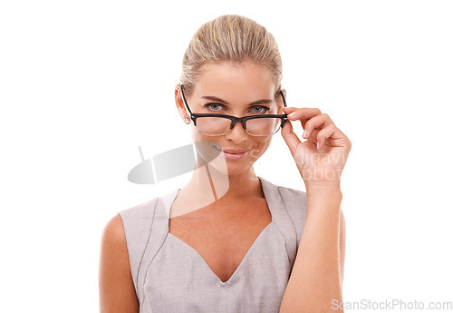 Image of Thinking business woman, portrait or glasses on isolated white background for cv review ideas or recruitment innovation. Smile, happy or corporate worker with vision eyewear for human resources goals