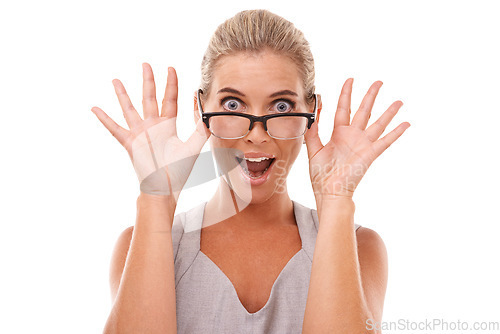 Image of Shock, surprise and portrait of a woman with glasses in a studio with a omg, wow or wtf facial expression. Shocked, excited and smart female model from Australia with spectacles by a white background