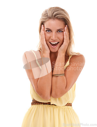 Image of Woman, excited and surprise portrait with a wow expression on white background for discount sale announcement. Face of a happy young female model in studio for a promotion, offer or advertising