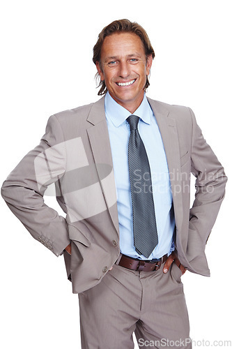 Image of Business man, portrait and corporate ceo with smile, success and leadership, executive isolated on white background. Businessman, management and motivation with vision, goals and happy in career