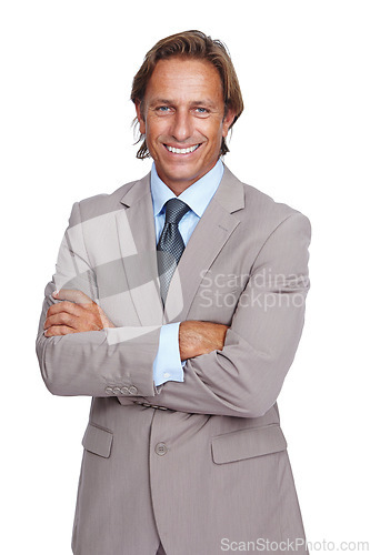 Image of Business man, portrait and ceo, arms crossed and smile for success in leadership, executive isolated on white background. Businessman, corporate manager and motivation, vision and professional goals