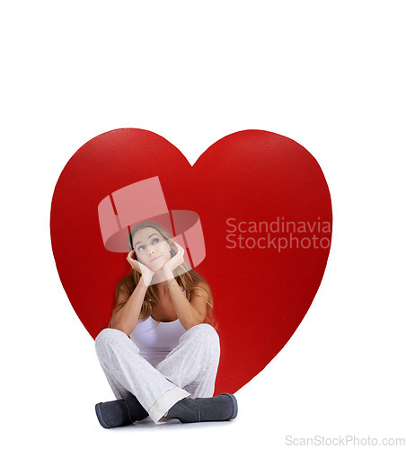 Image of Love, thinking and woman with studio heart, romantic product or emoji icon for Valentines Day holiday. Beauty, big red object or relax model girl with care symbol and day dreaming on white background