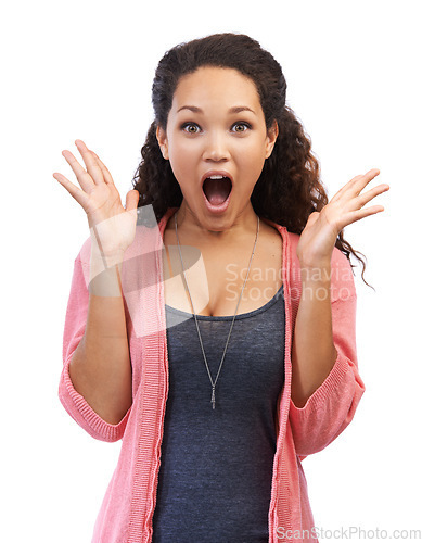 Image of Portrait, wow and shock with a black woman in studio on a white background in shocked surprise. Face, hands and wtf with an attractive young female feeling overwhelmed with a surprised expression