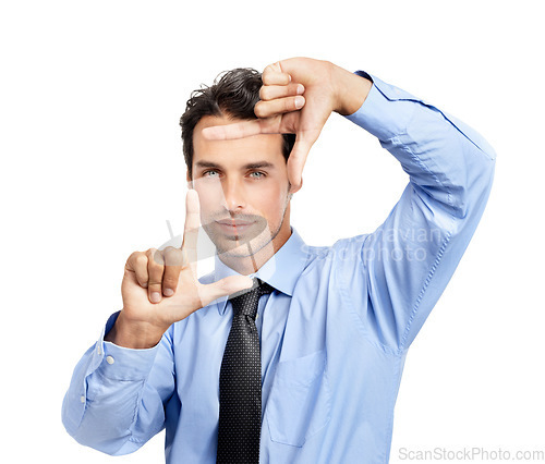 Image of Hands, frame and portrait of business man on studio background for profile picture. Face, worker and finger framing for perspective, professional selfie and vision of planning, goals and inspiration