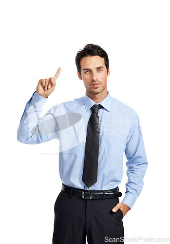Image of Businessman, studio portrait and point finger in air with confidence, vision and answer by backdrop. Corporate executive man, hand gesture or focus for work as financial advisor by white background