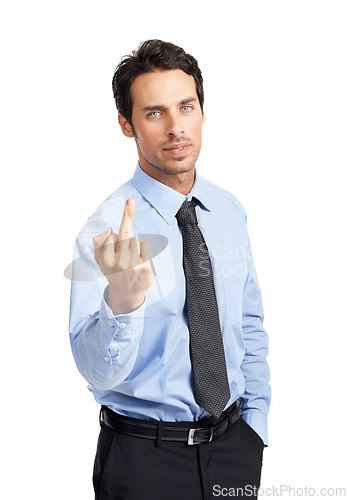 Image of Businessman, studio portrait and middle finger with frustrated face, angry and tired of job. Isolated corporate executive man, hand gesture or stress for work as financial advisor by white background