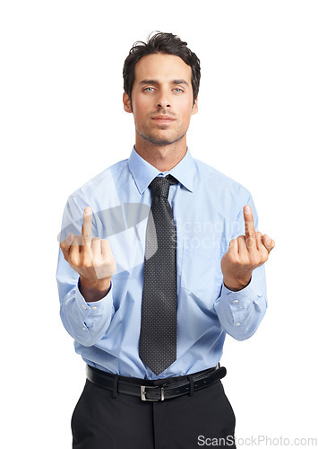 Image of Anger, frustrated and portrait of a businessman with a middle finger on a white background. Angry, arrogant and executive man with a mean, aggressive and bad hand sign on a studio background