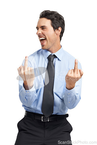 Image of Middle finger, crazy and young businessman in a studio screaming with joy, happiness and confidence. Happy, yelling and corporate male model with a rage gesture or sign isolated by a white background