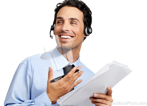 Image of Businessman, smile and call center mockup for telemarketing, insurance or finance advice on white background. Happy man consultant with headset for customer support discussing expenses or paperwork