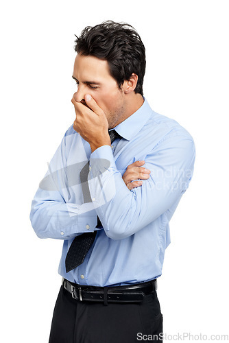 Image of Tired businessman, bored or yawning on studio background in fatigue, sleepy or mental health burnout. Exhausted corporate worker, employee or hands covering mouth on white backdrop in quiet quitting