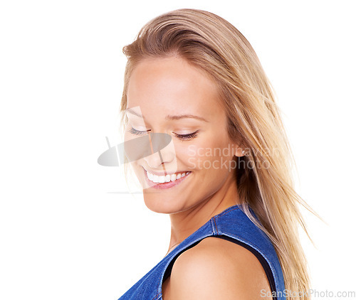 Image of Face, beauty and mockup with a model woman in studio isolated on a white background for natural skincare. Hair, dental and product placement with a female posing to promote oral hygiene or haircare