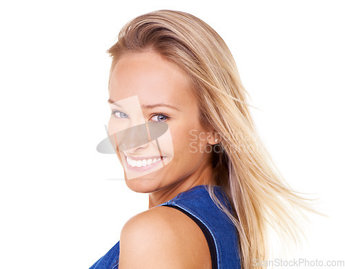 Image of Portrait, face and skincare with a model woman in studio on a white background showing her perfect smile. Hair, dental and oral hygiene with an attractive young female posing to promote skin care