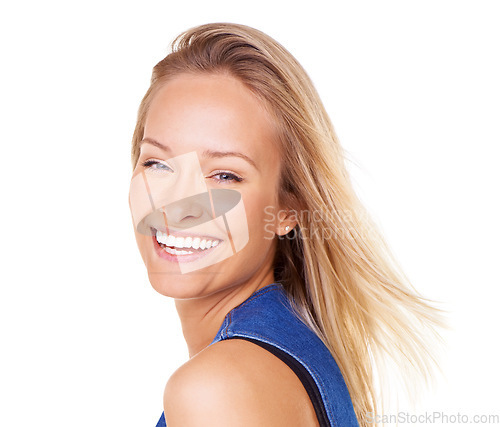 Image of Laughing, model and happy portrait of a woman with happiness smile from fashion style. Excited, natural beauty and isolated white background with a young face from Switzerland with cool denim look