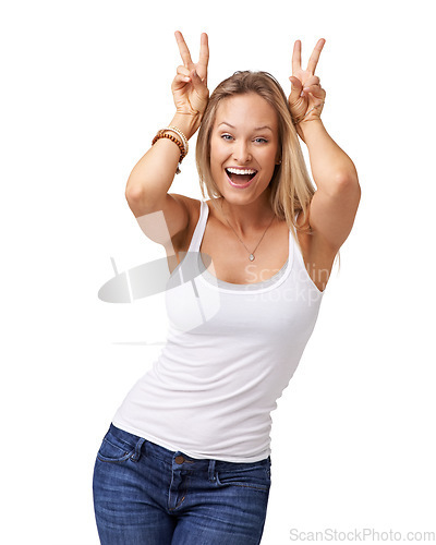 Image of Woman, bunny ears and silly model portrait with a happy smile feeling funny with a white background, Isolated, excited and joy of a person from Switzerland with comic hands, beauty and mockup