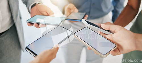 Image of Mockup, business and closeup of smartphone, connection and social media. Screens, group and people with cellphones, typing and search internet with communication, online chatting and texting message
