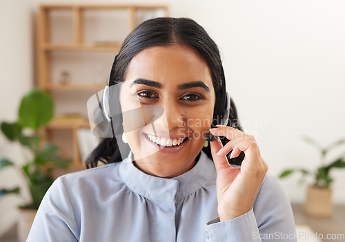 Image of Customer support communication, portrait or call center consultant working on telecom microphone, contact us CRM or IT customer service. Ecommerce business, telemarketing and face of woman consulting
